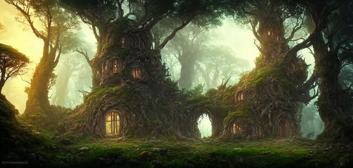 Prompt: random mystic forest giant house close - up fabulous portal, incredible, vector art, octane render, fabulous, hyper detailed, random cinematic view, no noise, global illumination, warm lighting, volumetric, godrays, vivid, beautiful, by jordan grimmer