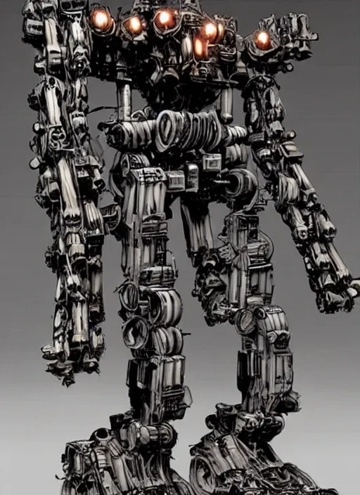 Image similar to A giant mech suit made out of pirate ship parts, bipedal, humanoid, wooden, canons attached to arms, masts for legs by Mike Deodato