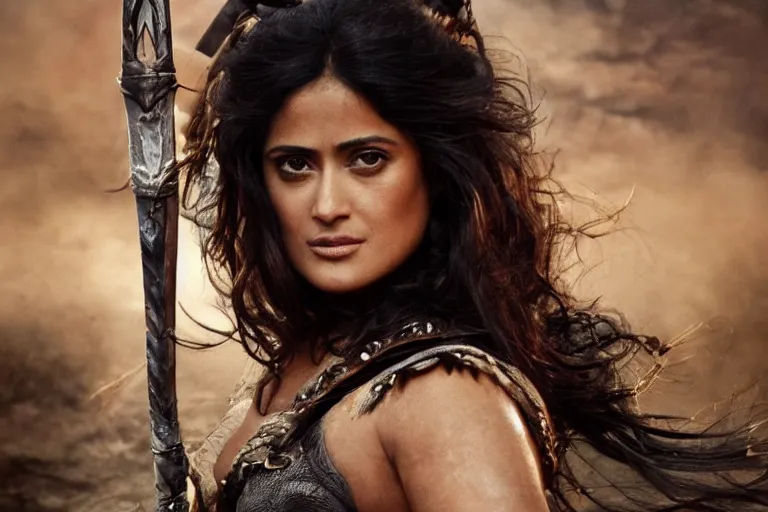 Prompt: photo of salma hayek as beautiful barbarian warrior princess in a battle scene, detailed eyes, depth of field, photorealistic, cinematic lighting, lovely bokeh, warm colours, dusk, lord of the rings
