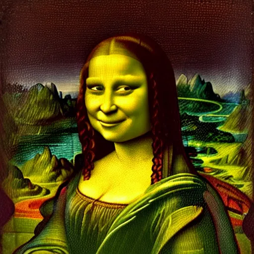 Image similar to A portrait of Shrek in the style of the Mona Lisa, by Leonardo Da Vinci, chiaroscuro, museum catalog photography,