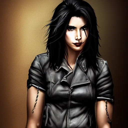 Prompt: a woman with black hair and a leather jacket and a grey shirt, sitting on a chair in a run down hotel room upset, muscular upper body, abs, gritty, d & d, fantasy, intricate, elegant, highly detailed, digital painting, artstation, smooth, sharp focus, illustration, unreal engine 5, face enhance, masterpiece