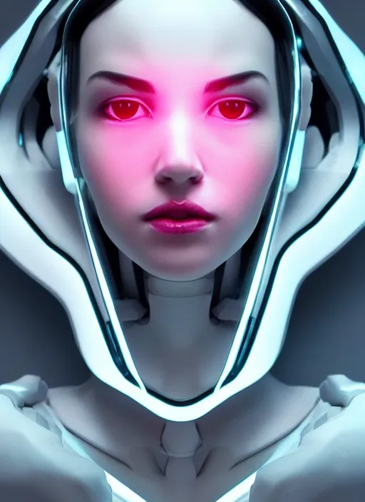 Image similar to white one cast futuristic biomechanics futuristic humanoid, pretty face, beautiful female, futuristic, neon lights, cyberpunk, 8 k, digital painting, by beeple and makoto shinkai, trending on cg society, glamour pose, high fashion, photorealistic, hyper realistic, environmental portrait, ambient occlusion render