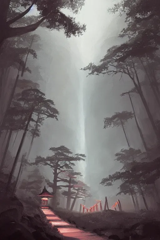 Image similar to Japanese Torii in the center of the picture , torii in a moutain with trees ,night , by Grzegorz Rutkowski, concept art