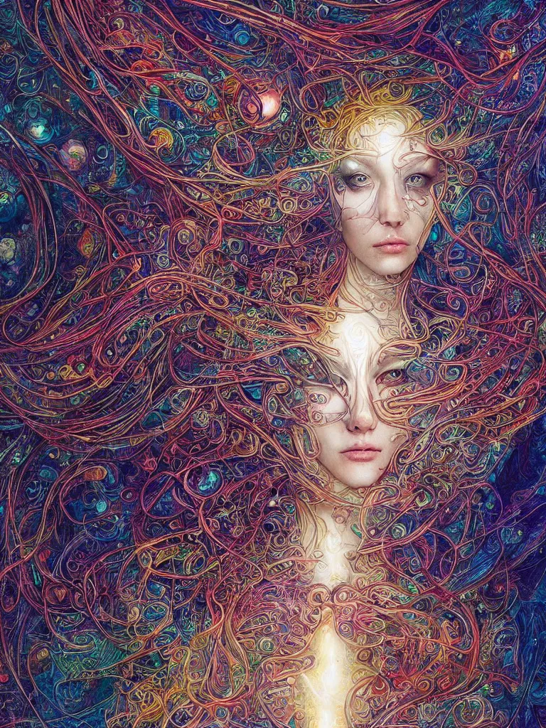 Prompt: an intricate visionary depiction of a realistic beautiful glowing enlightened female transcending beyond the physical boundaries of space and time by android jones and amanda sage