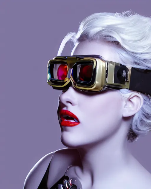 Image similar to centered portrait photo of amused young anna nicole smith as a solarpunk mecha humanoid robotic parts wearing goggles with bright lights, real human face, pudica pose, inside white room, ultra - realistic and detailed, 8 k