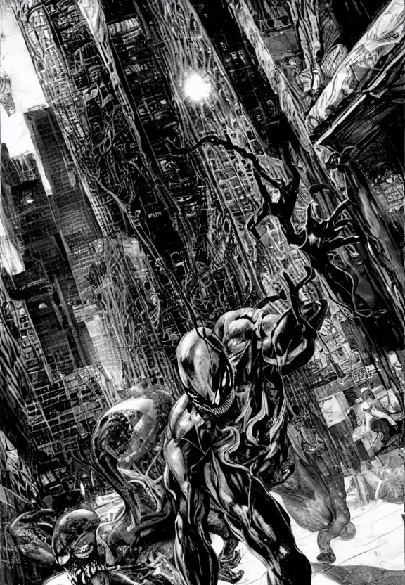 Prompt: venom in a new york alley at night by lee bermejo and simon bisley