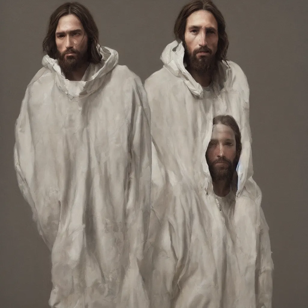 Image similar to a full body lookbook portrait of modern - day jesus wearing cream yeezy menswear collection by nicola samori, hat and hoodie, detailed, oil painting, hyper - realistic, 8 k, yeezy collection