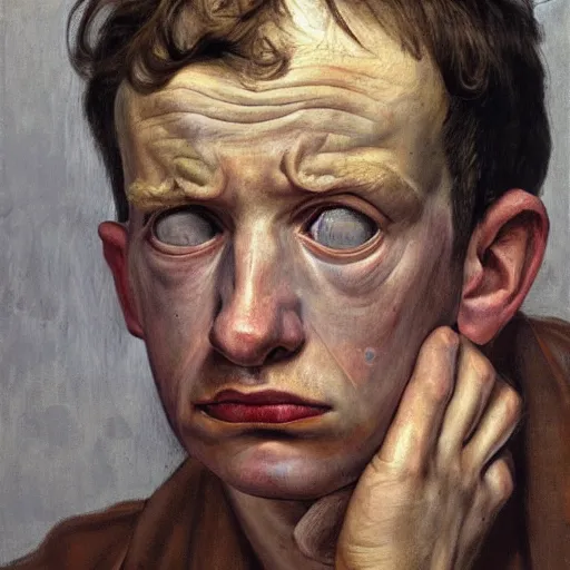 Image similar to high quality high detail painting by lucian freud, hd, portrait of a stressed boy, worried, sad, photorealistic lighting