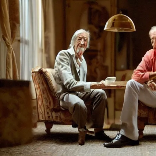 Image similar to jean rochefort and mathieu amalric, symmetric, realistic, realism, early 2 0 th century gentlemen, sitting at coffee table, smoking a cigar.