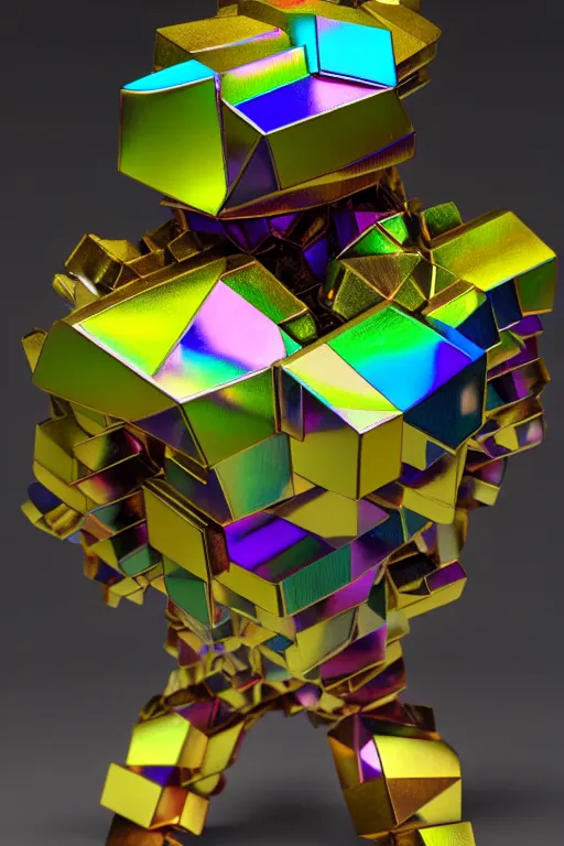 Image similar to a multicolored bismuth golem, an abstract sculpture by ryusei kishida, polycount, crystal cubism, angular, iridescent, made of crystals : : extremely high details, masterpiece, photorealistic, hyperrealism, vray, octane render, volumetric lighting, depth of field, bokeh, artstation, cgsociety