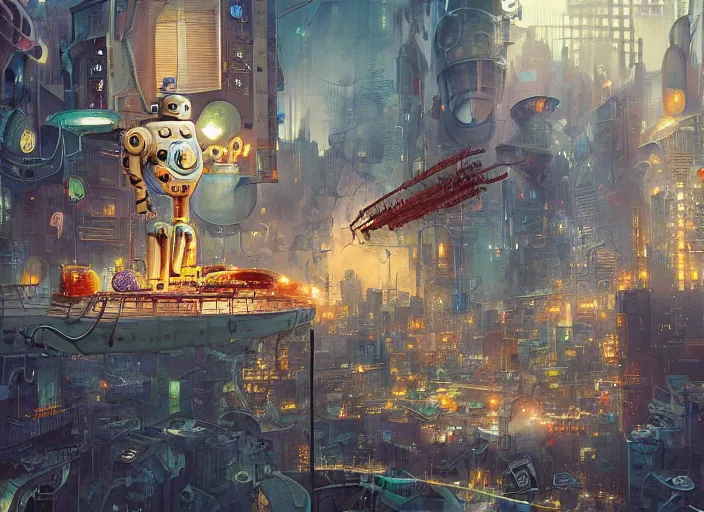 Prompt: A very detailed charismatic android happy robot gentil ,dystopia city , sinister mechanical city by Gediminas Pranckevicius,Mark Brooks, Rembrandt,james gurney,dan luvisi,Petros Afshar, tim hildebrandt, liam wong, thomas kinkade, ernst haeckel,trending on artstation