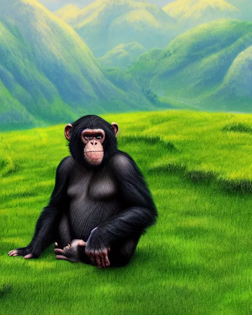 Image similar to very detailed high resolution illustration of a chimpanzee, rolling green hills, 3 d, 8 k, extremely detailed, artstation, award winning