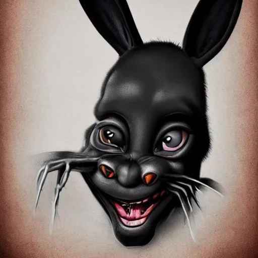 Image similar to A extremely highly detailed majestic hi-res beautiful, highly detailed head and shoulders portrait of a scary terrifying, horrifying, creepy black cartoon rabbit with scary big eyes, earing a shirt laughing, hey buddy ole pal, let's be friends, in the style of Walt Disney