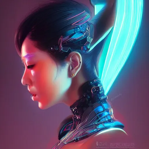 Image similar to portrait of asian female humanoid, intricate, elegant, cyber neon lights, highly detailed, digital illustration, trending in artstation, trending in pinterest, glamor pose, concept art, smooth, sharp focus, art by artgerm and greg rutkowski