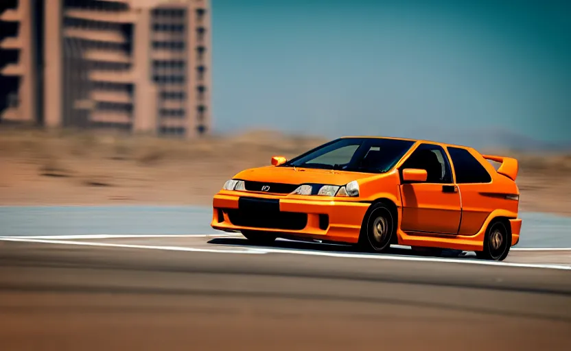 Image similar to photograph of a cell-shaded orange Honda EK9 Type-R, speeding on a desert road with a futuristic city in the horizon, kicking up dirt, action shot, one point perspective, sigma 85mm f/1.4, 4k, depth of field, high resolution, 4k, 8k, hd, full color