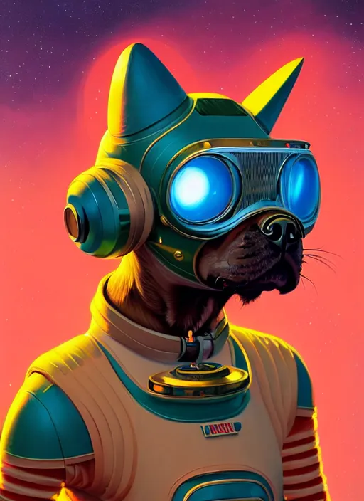 Prompt: retrofuturistic portrait of a dog in small astro suit, space graphics art in background, close up, wlop, dan mumford, artgerm, liam brazier, peter mohrbacher, 8 k, raw, featured in artstation, octane render, cinematic, elegant, intricate, 8 k
