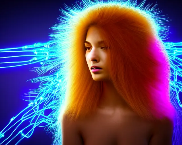 Image similar to glowing hair, complex cybernetic beings, beautiful hairy humanoids, cybermagnetosphere, cybernetic civilizations, ornate hair, love, joy, vortexes, large arrays, data holograms, 8 k, cinematic light shadows, wet hdr refractions, *, * * *, * * * * *