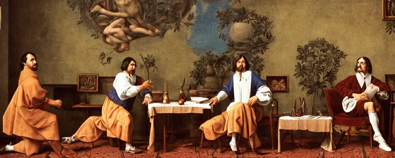 Image similar to rene descartes discussing philosophy with spaghetti, 1 5 0 0 s, kodachrome, in the style of wes anderson, retro