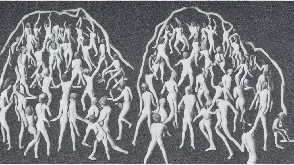 Image similar to A vintage scientific illustration from the 1970s of humans forming a cavern with their bodies by René Magritte