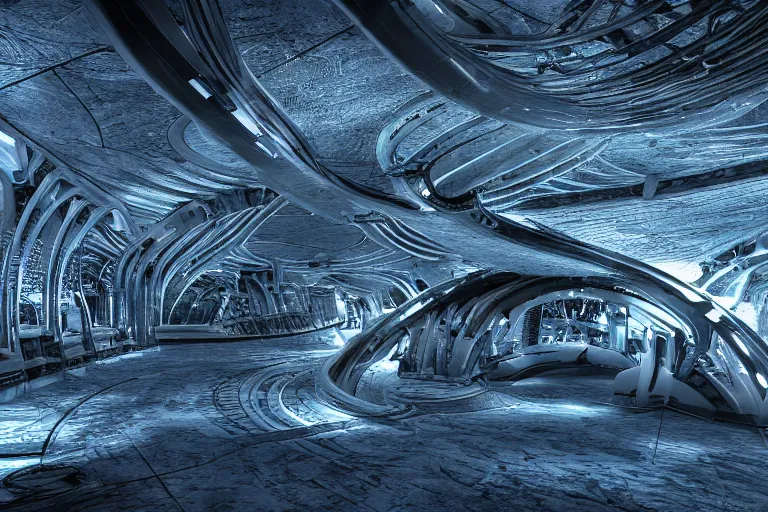 Prompt: The pristine halls of an organic alien spacecraft, biomechanical structures, subsurface scattering