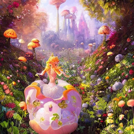 Image similar to portrait of princess peach, running through a hedge garden of exotic flowers in the Mushroom Kingdom, giant mushrooms, and roses, from behind, streets, birds in the sky, sunlight and rays of light shining through trees, beautiful, solarpunk!!!, highly detailed, digital painting by Michael Garmash and Peter Mohrbacher