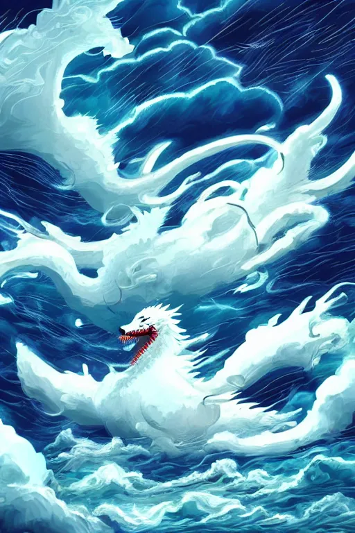 Prompt: Japanese poster art of a white dragon flying in front of a stormy sea during a thunderstorm, cliffs, clouds, thunder adobe illustrator, graphic design 4k, colourful, abstract design,