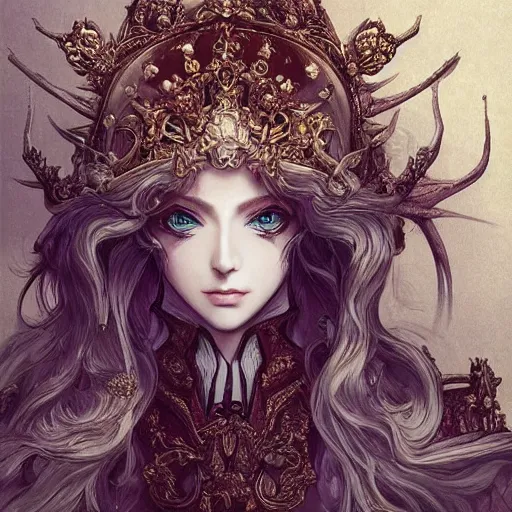 Image similar to portrait of a queen, baroque style, elegant, beautiful, mesmerizing, concept art, fancy clothing, highly detailed, artstation, behance, deviantart, inspired by innocent manga, inspired by castlevania concept art, trending, ayami kojima, shinichi sakamoto