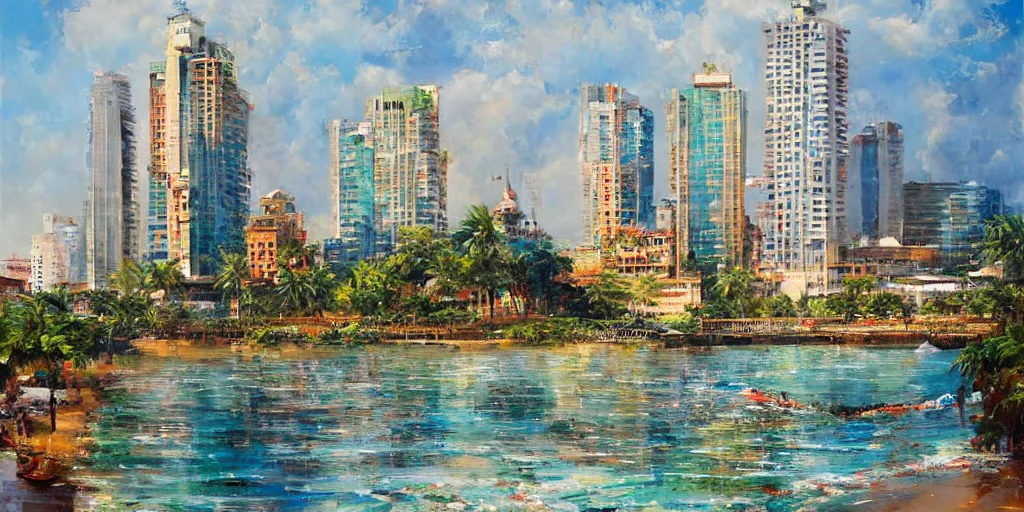 Image similar to colombo sri lanka cityscape, ocean, colombo world trade centre, art by Daniel F. Gerhartz