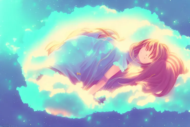 Image similar to a cute anime girl sleeping on a cloud, misty, glows, digital art, hazy, foggy, ambient lighting, 8 k, neon, synthwave,