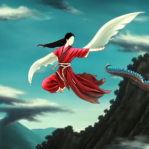 Prompt: a woman fighter flying in sky with a lung dragon, wuxia illustration by chen uen, cinematic lighting