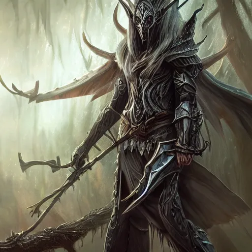 Image similar to dark fantasy concept of elven tree elf god, with dark steel and eldritch wood armor on a mountain, cinematic, dynamic lighting, photorealistic, ultra detailed, trending on art station, stunning visuals, creative, hyper detailed