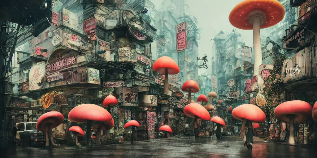 Image similar to a lively and whimsical dark fungal pawn shop, white haired skesis girls, cinematic framing, wide angle, rain lit, kawaii shop grows out from the stalk of a giant mushroom, cgsociety, siggraph, dystopian scifi, set design, oleg oprisco, conrad roset, anka zhuravleva, gediminas pranckevicius, cornell, kawasaki