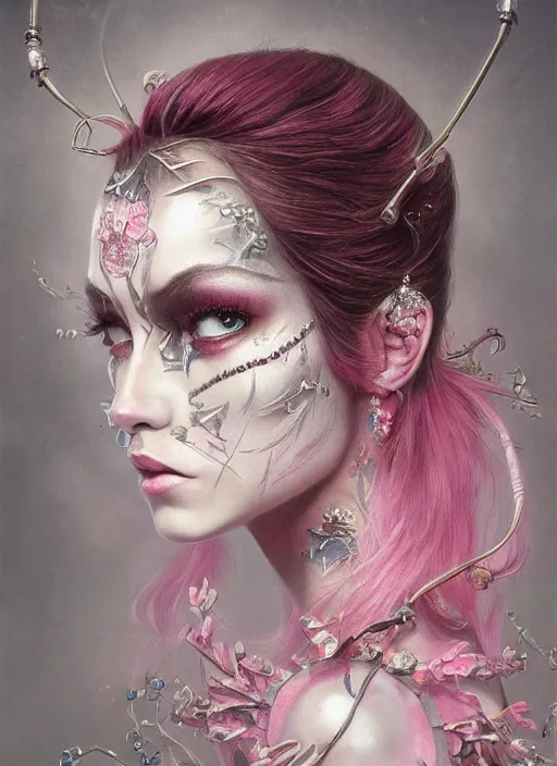 Image similar to portrait of pink fairy, symmetric, facepaint facepaint facepaint, intricate jewelry, trending on artstation 4 k, high quality, in the style of karol bak and tom bagshaw, tattoos