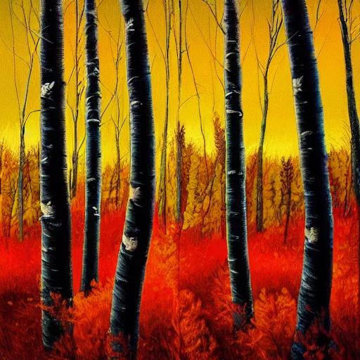 Prompt: beautiful painting of an Aspen forest at sunset, digital art, award winning illustration, golden hour, trending on artstation