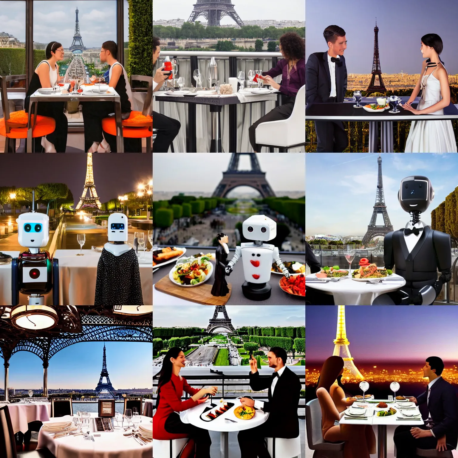 Prompt: A robot couple fine dining with Eiffel Tower in the background