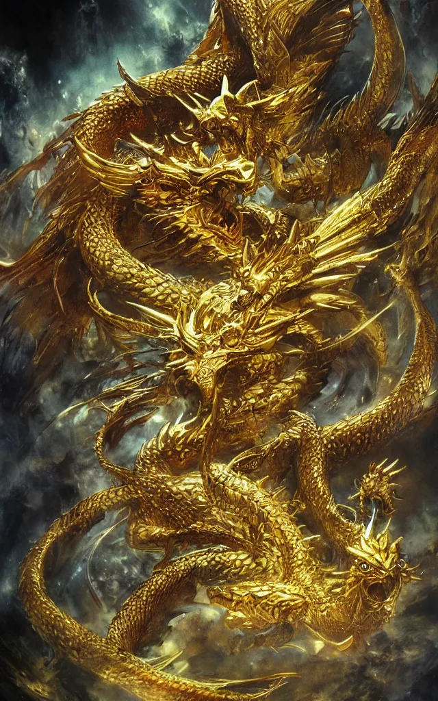 Image similar to by yoshitaka amano golden dragon, epic, legendary, cinematic composition, stunning atmosphere by yoshitaka amano
