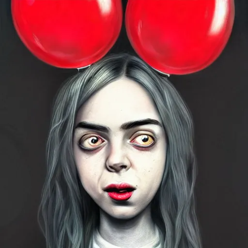 Prompt: surrealism grunge cartoon portrait sketch of billie eilish with a wide smile and a red balloon by - michael karcz, loony toons style, rick and morty style style, horror theme, detailed, elegant, intricate