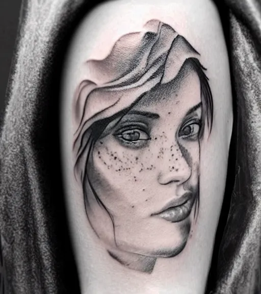 Image similar to tattoo design sketch of a double exposure of a beautiful mountain scenery with a faded beautiful woman face, hyper - realistic, in the style of matteo pasqualin, amazing detail, black and white, faded