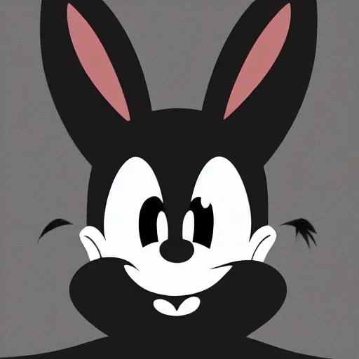 Image similar to A extremely highly detailed majestic hi-res beautiful, highly detailed head and shoulders portrait of a scary terrifying, horrifying, creepy black cartoon rabbit with scary big eyes, earing a shirt laughing, hey buddy, let's be friends, in the style of Walt Disney animation