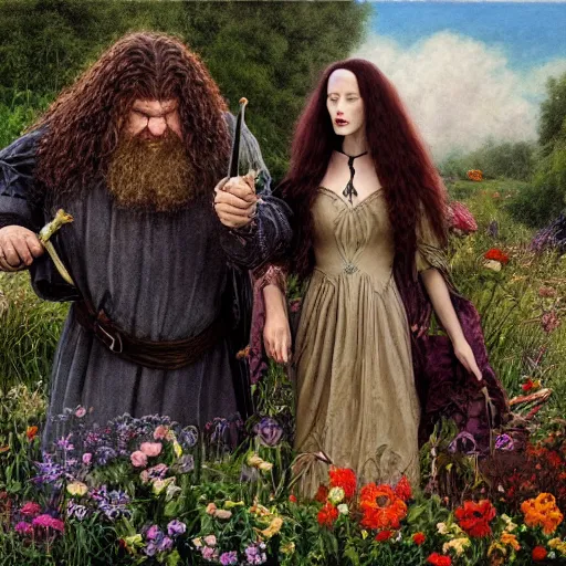 Image similar to hagrid the viking and morticia addams frolicking in a field of various flowers, fairy garden, masterpiece, highly detailed, oil on canvas, art by james gurney, graeme base, brian froud, alan lee