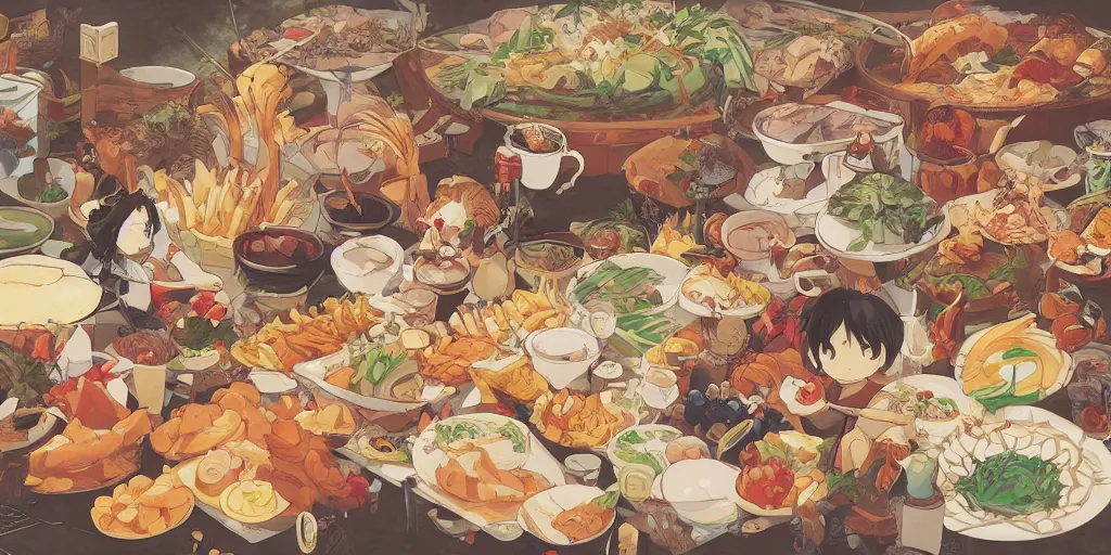 Prompt: A feast for the whole kingdom, very detailed, anime, Delicious, Plump, Juicy, Hot Food, large white border, hd, high resolution print :1 by Sachin Teng, Hayao Miyazaki, Nausicaa, studio Ghibli style, Anime wallpaper, cell shading, trending on deviant art :1