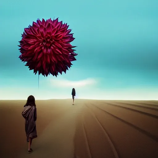 Prompt: closeup giant dahlia flower instead of head, a girl walking between dunes, surreal photography, sunrise, blue sky, dramatic light, impressionist painting, digital painting, artstation, simon stalenhag