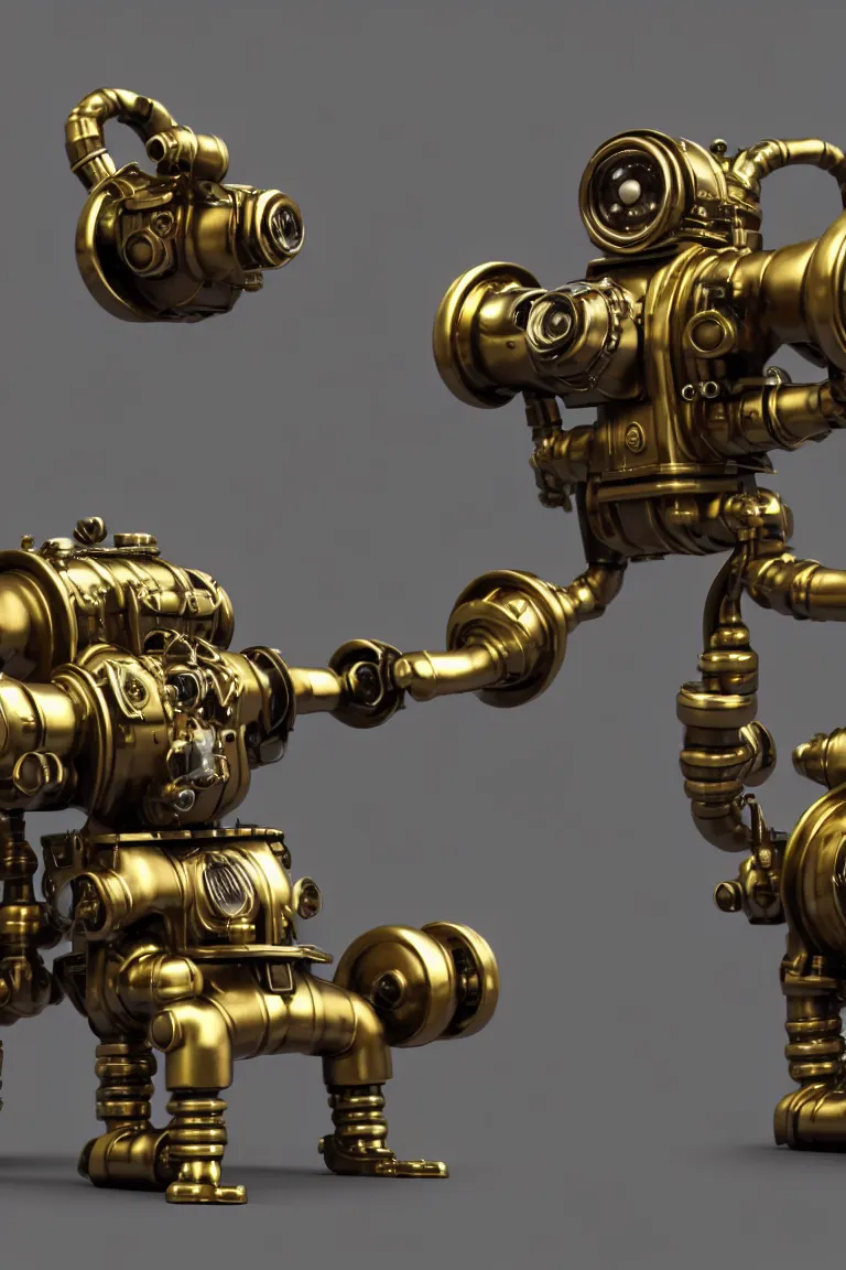 Prompt: a tiny cute dieselpunk monster with golden pistons and black belts and camshaft pulley and one machine gun turret and two jet engines and big eyes smiling and waving, back view, isometric 3d, ultra hd, character design by Mark Ryden and Pixar and Hayao Miyazaki, unreal 5, DAZ, hyperrealistic, Cycles4D render, Arnold render, Blender Render, cosplay, RPG portrait, dynamic lighting, intricate detail, summer vibrancy, cinematic, centered, focused, sharp