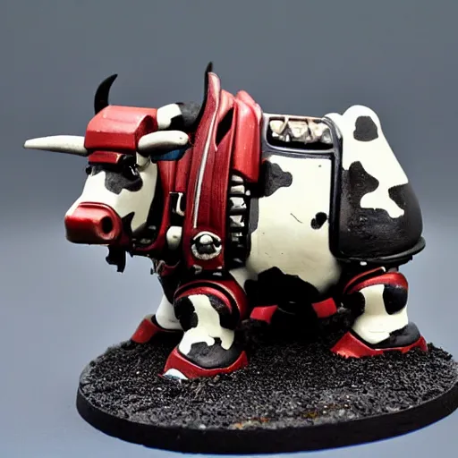 Prompt: Cow wearing a car tire, painted warhammer 40k miniature