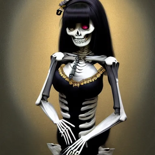 Prompt: cute, shy & beautiful smiling undead skeleton girl with very attractive face and black hair dressed as a cleopatra winking to the viewer, elegant, digital art, fullbody painting, fantasy, pixar style, painting, pin up, highly detailed, artstation, art by artgerm, vrubel, greg rutkowski, ilya kuvshinov, raymond swanland