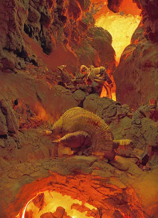 Image similar to armadillo in lava cave, explosions, lava flows, dynamic action, by lawrence alma - tadema and zdzislaw beksinski and norman rockwell and jack kirby and tom lovell and greg staples