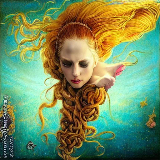 Image similar to photo realistic, hyper realism, lady gaga artpop act ii album, intricate detail, hyper detail, gaston bussiere, sandro botticelli style, with neon aqua rapunzel dreadlocks, detailed, masterpiece, sharp focus,