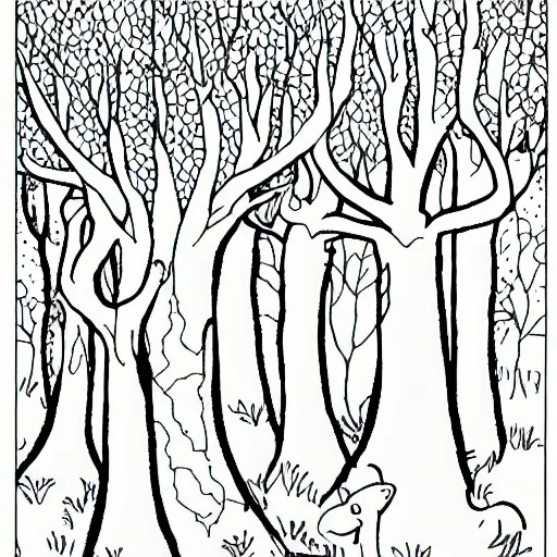 Image similar to simplified line drawings of a forest with animals. Scan of a colouring children book.