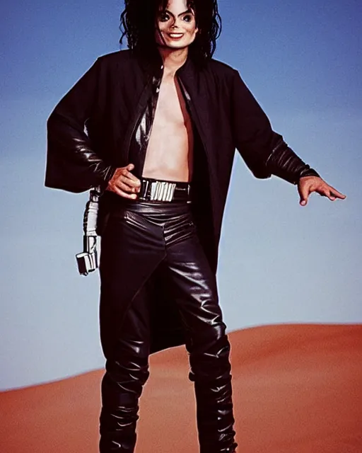 Image similar to 1 8 year old michael jackson as luke skywalker, with janet jackson as princess leia, studio lighting, star wars themed, beautiful tunisia desert at sunset, photoshoot in the styled of annie leibovitz