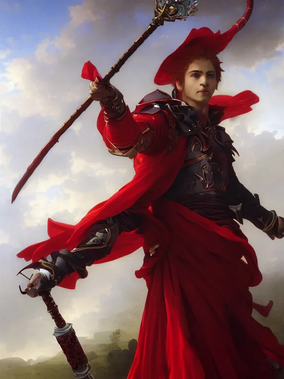 Prompt: A Portrait of a boisterous Red Mage wearing striped shining armor holding a staff of power surrounded by an epic cloudscape. The Magus Omega . Red Wizard. Morpheus. Symmetrical. masterpiece. 4k digital illustration. by Ruan Jia and Artgerm and Andreas Rocha and William-Adolphe Bouguereau and Jean-Baptiste de Champaigne. award winning, Artstation, intricate details, realistic, Hyperdetailed, 8k resolution. Concept Painting. Key Art